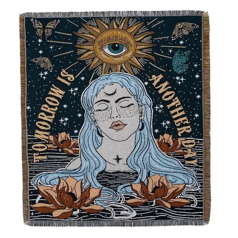 Dark teal woven decorbites bohemian camping blanket with mystical woman, lotus flowers, butterflies, and eye-in-sun design