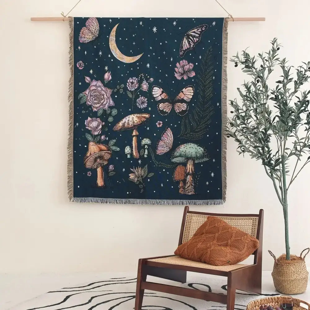 Decorbites bohemian camping blanket dark teal woven tapestry with embroidered butterflies mushrooms roses crescent moon
