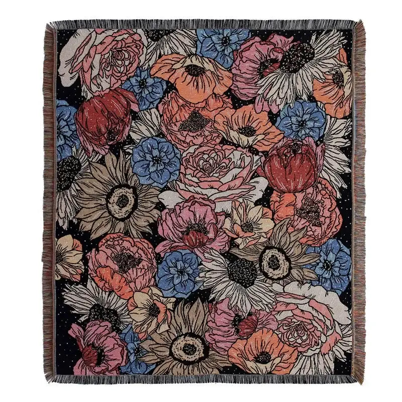 Woven decorbites bohemian camping blanket with vibrant floral pattern and textured fringe for living room decor