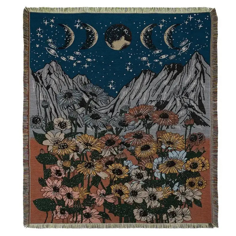 Bohemian camping blanket by decorbites featuring a woven colorful flower field and yellow sun pattern for living room decor