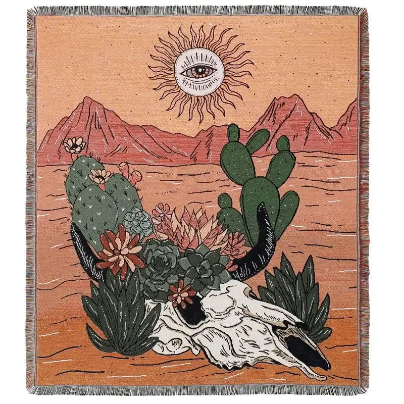 A decorbites bohemian camping blanket featuring a woven desert scene with cacti and sun motif on yellow background