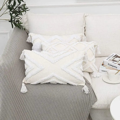 Cream-colored bohemian chenille pillowcase with textured geometric patterns and white tassels for living room decorbites bohemian