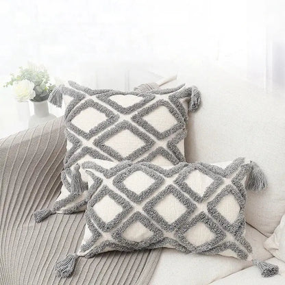Cream-colored decorbites bohemian chenille pillowcase with gray geometric pattern and tassels for living room decor