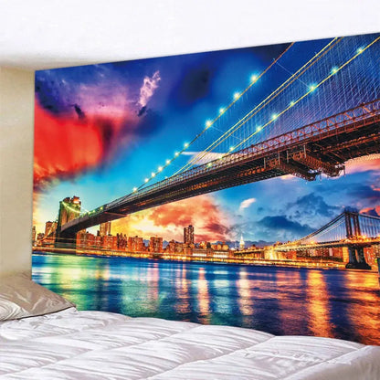 Bohemian city view tapestry featuring brooklyn bridge at twilight in vivid blues reds gold on soft fabric for decorbites city view
