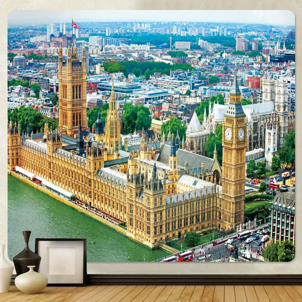 Bohemian city view tapestry featuring a vibrant golden stone london skyline for decorbites city view bedroom decor