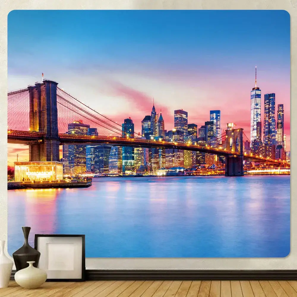 Bohemian city view tapestry featuring vibrant brooklyn bridge and manhattan skyline at dusk for decorbites city decor
