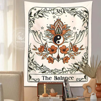 Cream-colored balance tarot tapestry wall hanging with orange flowers black vines and yin-yang design for bedroom decor