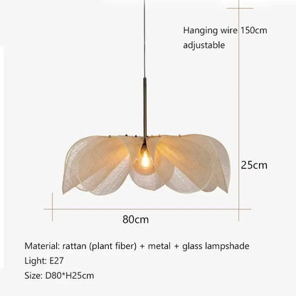 Bohemian cream fabric flower chandelier with layered rattan shade and exposed e27 bulb for dining room lighting