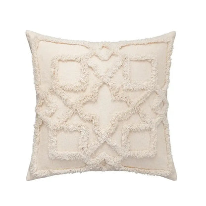 Cream-colored cushion cover with textured frayed geometric pattern in off-white fabric for living room decorbites bohemian tassel decor