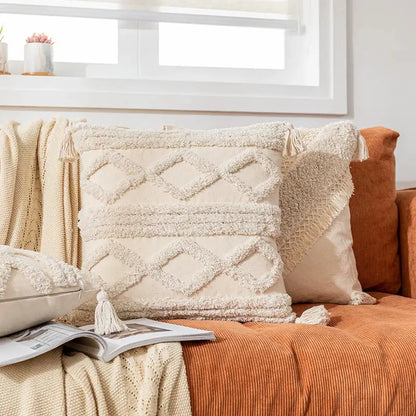 Cream-colored cream geometric tassel cushion cover with diamond embroidery for living room decor by decorbites bohemian tassel