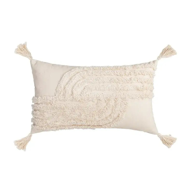 Cream-colored rectangular cushion cover with textured layered fringe and tassels for living room decor by decorbites bohemian tassel