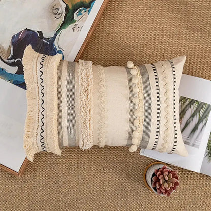 Beige and gray striped bohemian cotton cushion cover with fringed edges tassels and pom-pom decorbites bohemian cotton decor