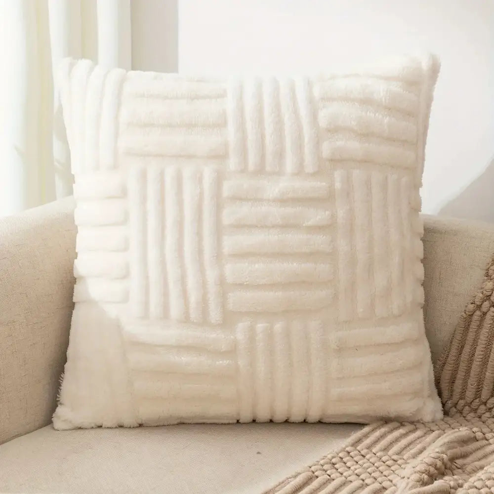 Cream-colored faux fur throw pillow with textured woven velvet knitted cushion cover decorbites bohemian snowflake design
