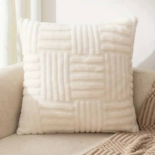 Cream-colored faux fur throw pillow with textured woven velvet knitted cushion cover decorbites bohemian snowflake design