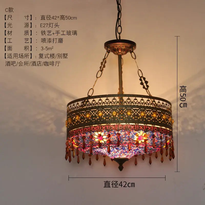 Ornate brass pendant lights with bohemian exotic stained mosaic glass panels in red blue and gold for dining room decorbites