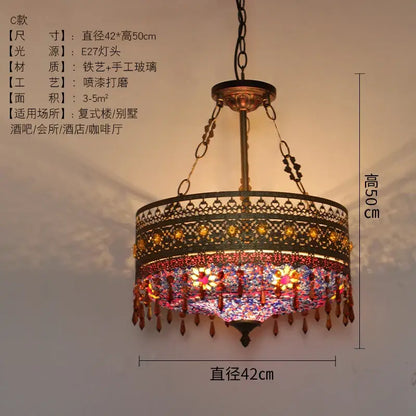 Ornate brass pendant lights with bohemian exotic stained mosaic glass panels in red blue and gold for dining room decorbites