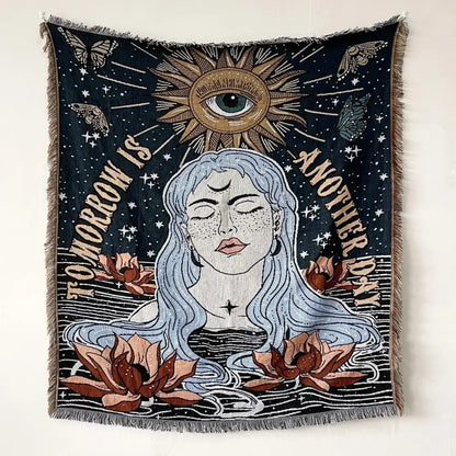 Dark blue woven decorbites bohemian throw blanket featuring a silver haired woman with lotus flowers and butterflies