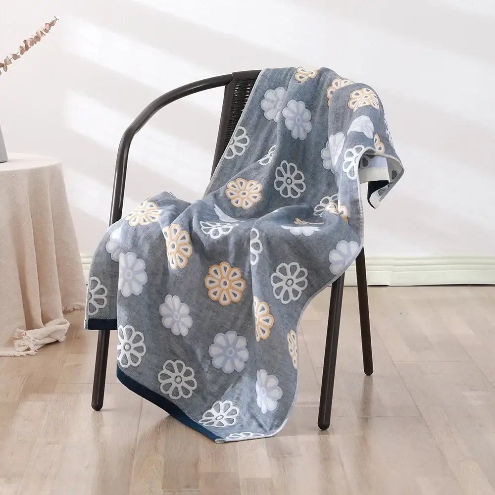 Gray plush bath towel with white and beige floral design navy blue border bohemian floral cotton decorbites wrap