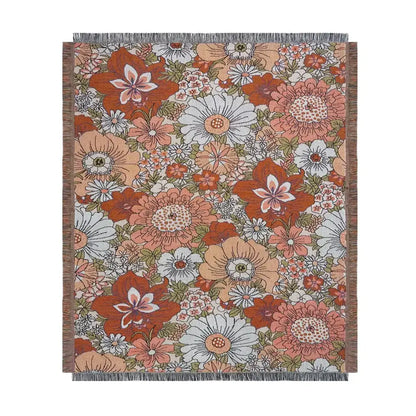 Rectangular woven bohemian floral leisure blanket in rust cream with vintage floral pattern and fringed edges by decorbites