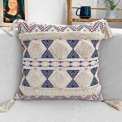 Beige and navy blue geometric patterned pillow cover with textured tassels for decorbites bohemian floral throw decor