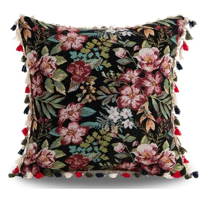 Black bohemian flower cushion cover with embroidered pink red green floral pattern and colorful tassels for living room decorbites bohemian flower