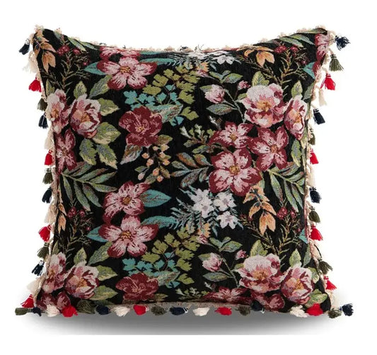 Black bohemian flower cushion cover with embroidered pink red green floral pattern and colorful tassels for living room decorbites bohemian flower