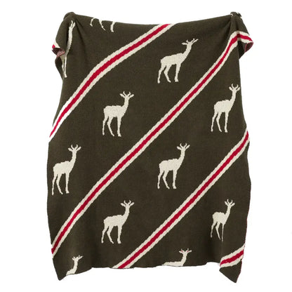 Olive green bohemian flower knitted throw blanket with white deer silhouettes and red and white striped bands decorbites bohemian flower