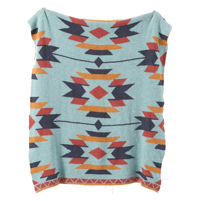 Turquoise throw blanket with bold red orange and black tribal geometric pattern for decorbites bohemian flower decor