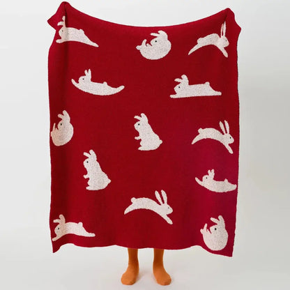 Cozy red knitted throw blanket with white rabbit pattern for decorbites bohemian flower knitted bedroom decor