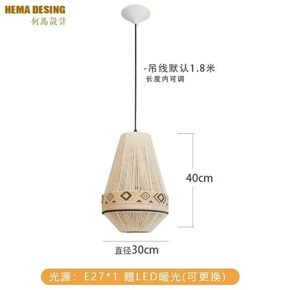 Beige woven bohemian fringe pendant lamp with geometric band suspended by black cord for dining room lighting