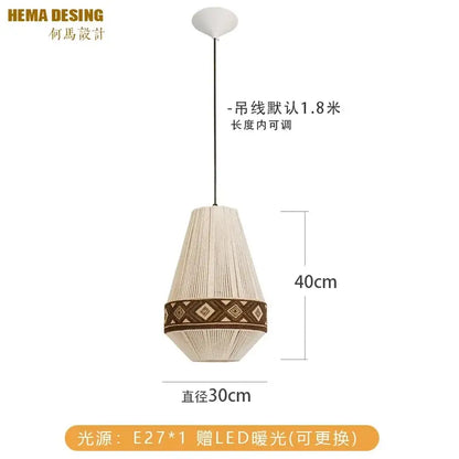 Cream-colored woven bohemian fringe pendant lamp with brown geometric band and adjustable black cord for dining room lighting