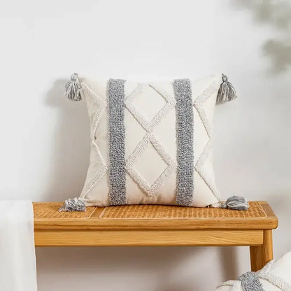 Cream-colored bohemian geometric tufted cushion cover with gray stripes and tassels for living room decorbites pillow cover
