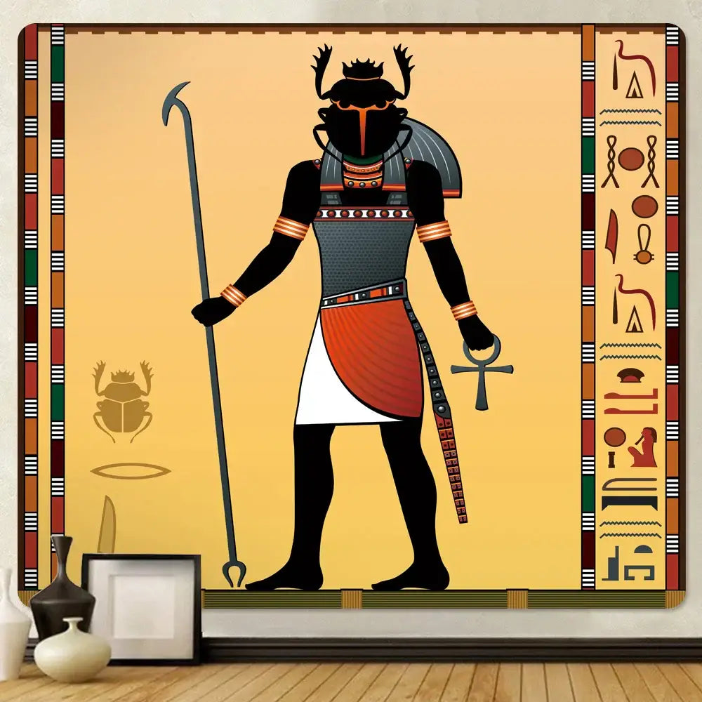 Bohemian gold and red egyptian mural tapestry with khepri design on warm yellow background for bedroom or yoga use