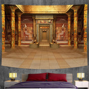 Bohemian gold and red egyptian mural tapestry with hieroglyphic designs on ornate columns for bedroom yoga mat