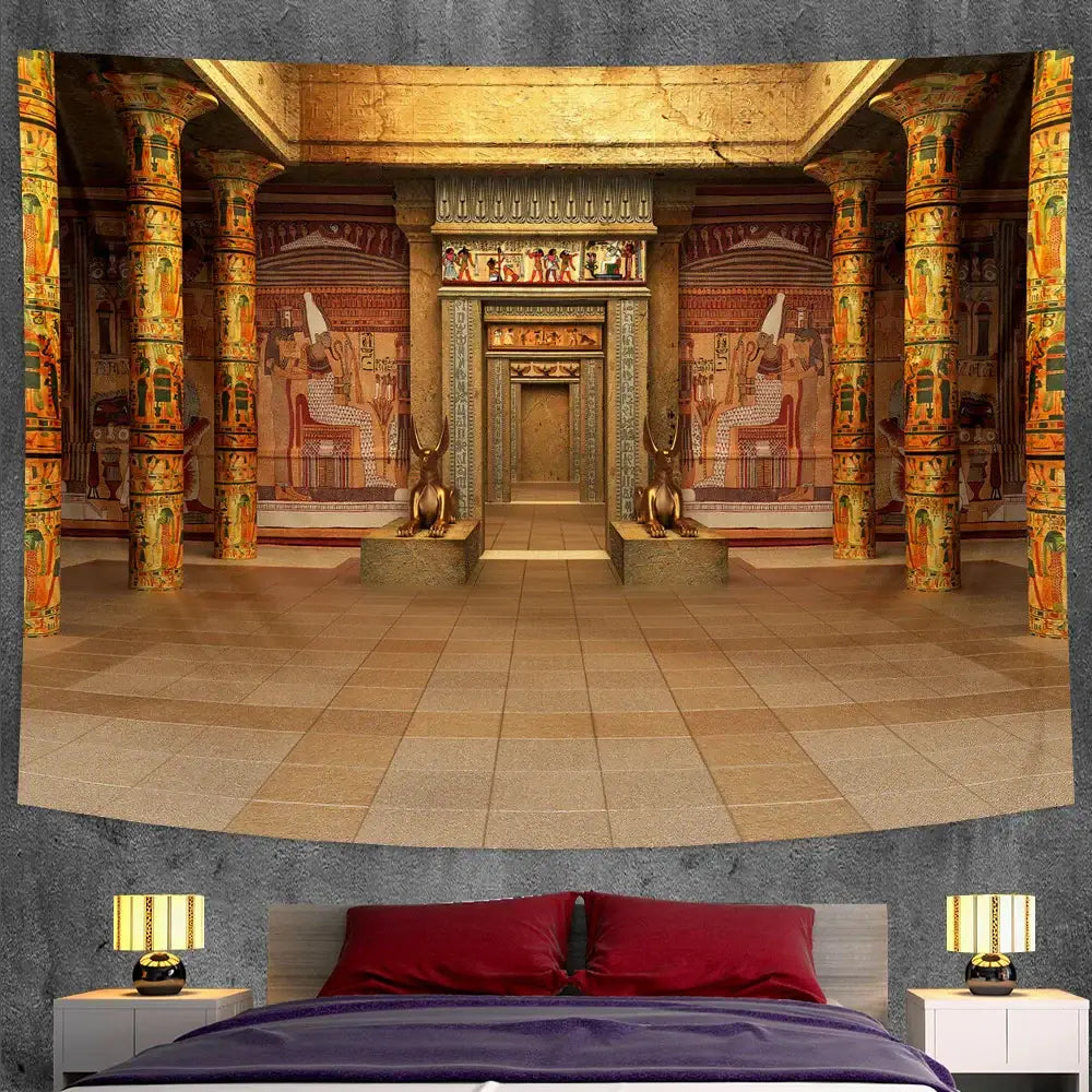 Bohemian gold and red egyptian mural tapestry with hieroglyphic designs on ornate columns for bedroom or yoga mat use