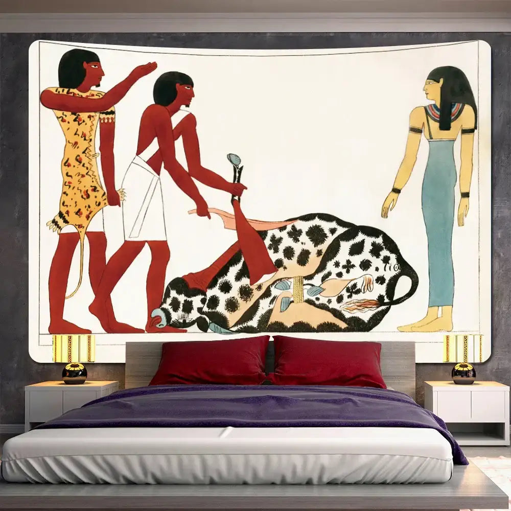 Bohemian gold and red egyptian mural tapestry featuring stylized figures in vibrant colors on a cream background for bedroom or yoga use