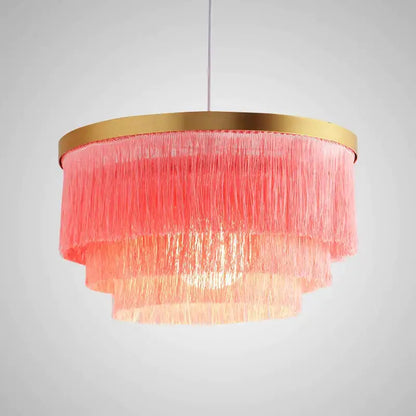 Bohemian gold tiered chandelier with cascading pink fringes and a gold-toned circular frame for bedroom decorbites bohemian gold