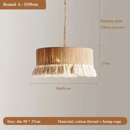 Bohemian hemp rope pendant light 50cm round woven cotton and hemp with white tassel fringe for dining room decorbites