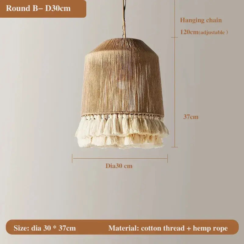 A rustic beige pendant light with woven cotton and bohemian hemp rope tassels for dining room decor by DecorBites
