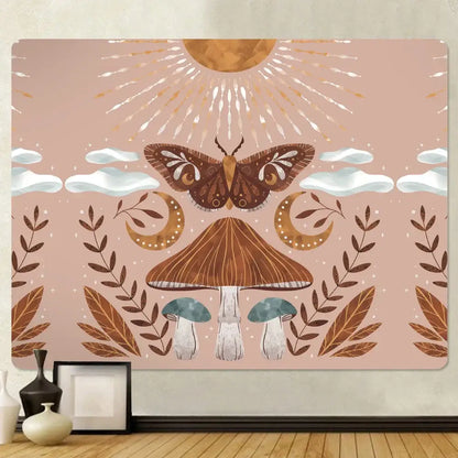 A soft pink bohemian home art tapestry featuring a brown moth mushrooms and celestial motifs for decorbites bohemian home