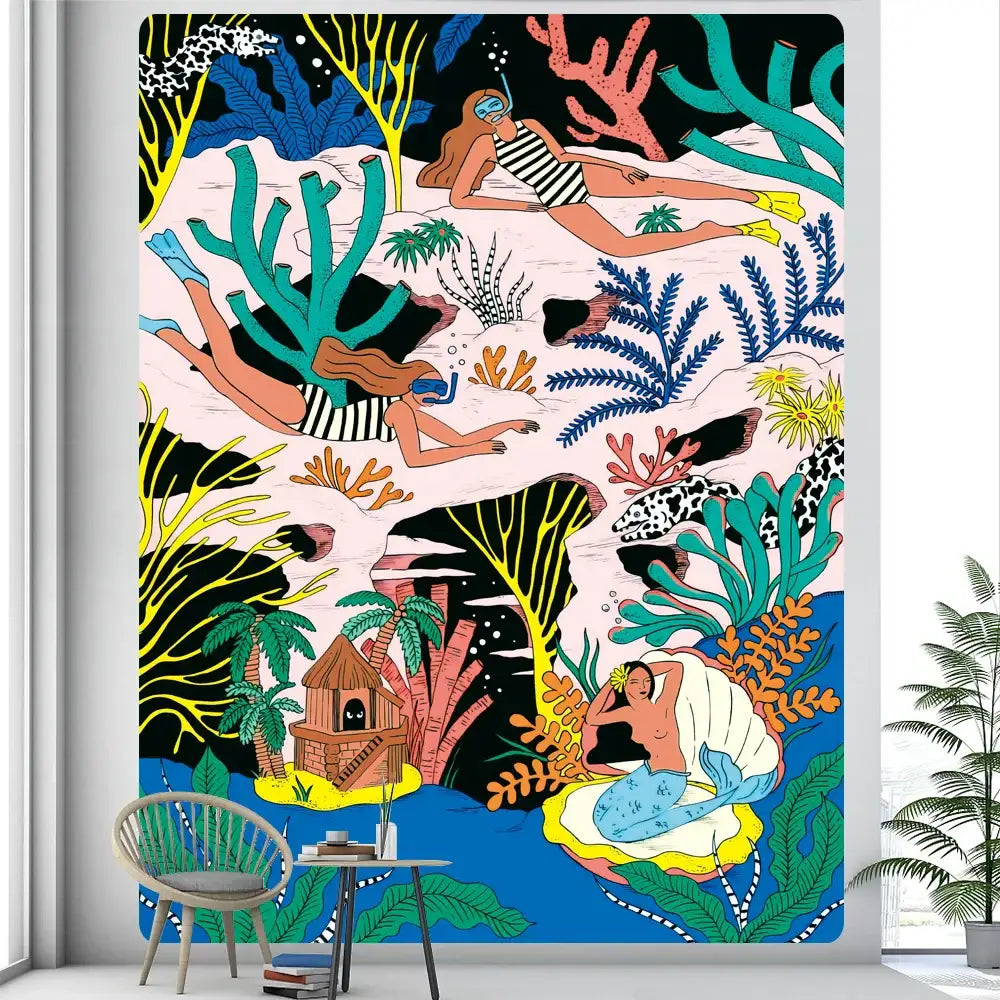 Bohemian home art tapestry with vibrant underwater-themed coral sea creatures and mermaids in bold teal pink and yellow colors
