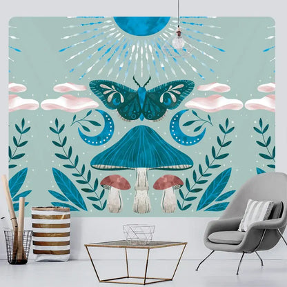Bohemian home art tapestry with teal and pink mushroom, crescent moons, leaves, butterfly on light mint background by decorbites