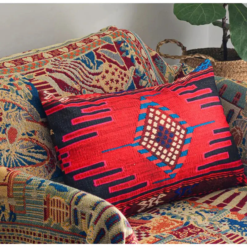 Vibrant red and black kilim pillow covers with blue and cream geometric patterns decorbites bohemian jute linen for living room decor