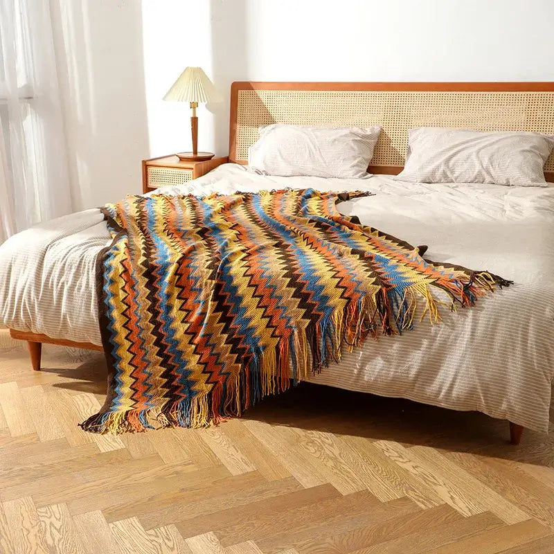 Vibrant multicolored zigzag knit tassel blanket with soft yarn fringe bohemian knit tassel decorbites throw