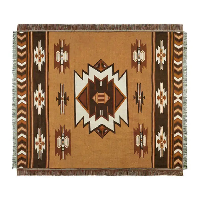 Tan and brown woven decorbites bohemian knit throw blanket with geometric tribal patterns and fringed edges