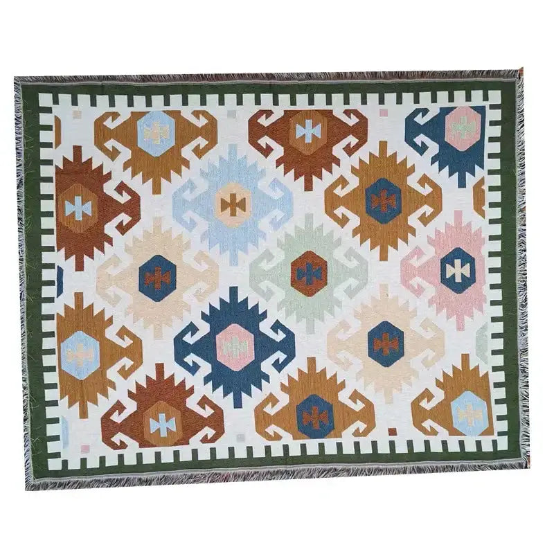 Rectangular decorbites bohemian knit throw blanket with red and blue geometric pattern and green fringe for living room decor