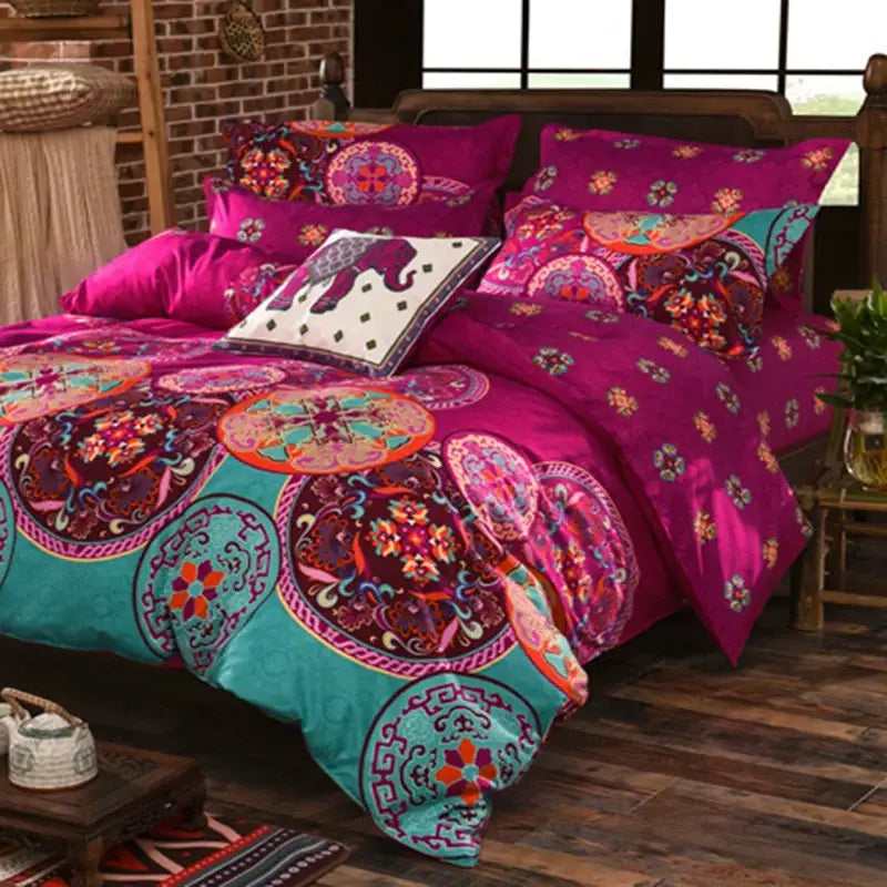Vibrant magenta and teal ethnic print bedding set with intricate paisley floral and geometric designs by decorbites bohemian ethnic