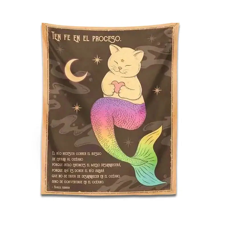 Cozy rectangular bohemian moon cat tapestry featuring a rainbow mermaid cat with heart and celestial decorbites cat tapestry