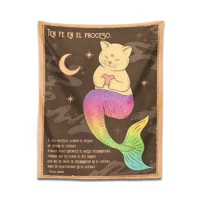 Cozy rectangular bohemian moon cat tapestry featuring a rainbow mermaid cat with heart and celestial decorbites cat tapestry