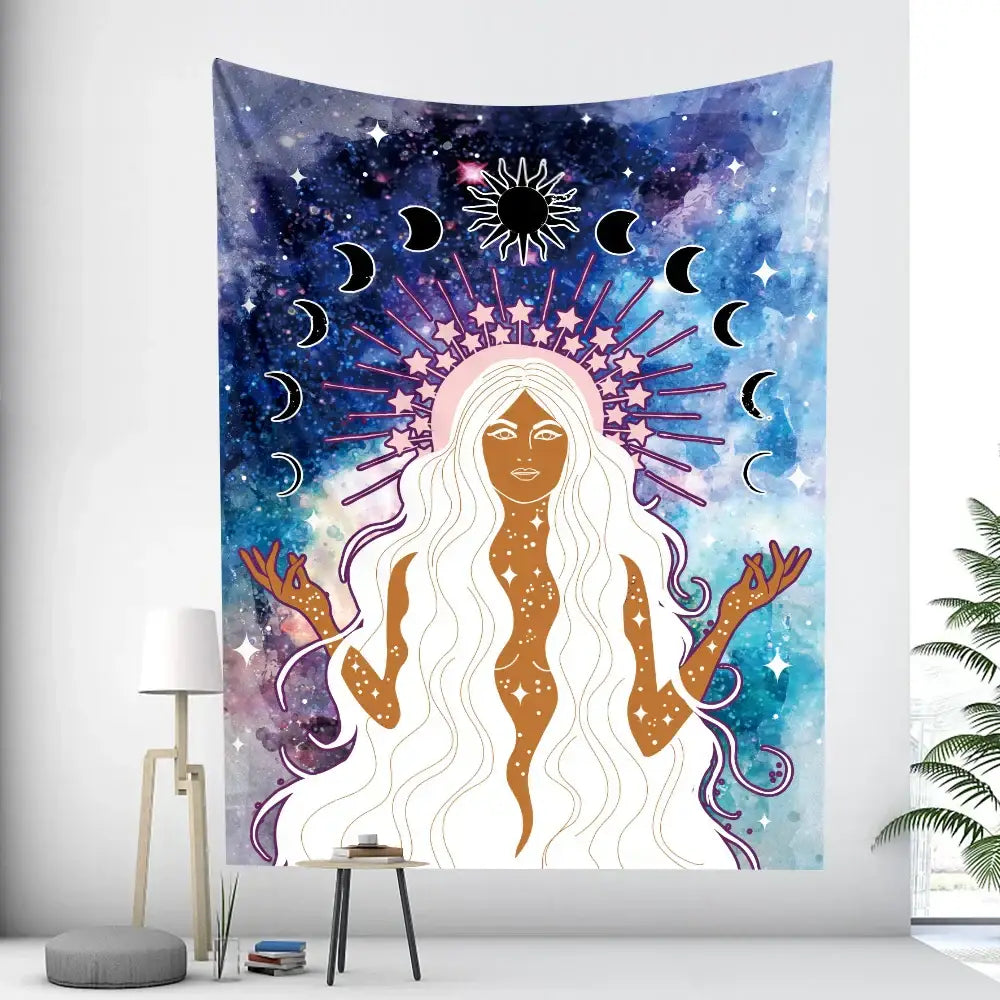 Bohemian moon tarot tapestry in blue and purple galaxy colors featuring a stylized figure with moon phases decorbites bohemian moon